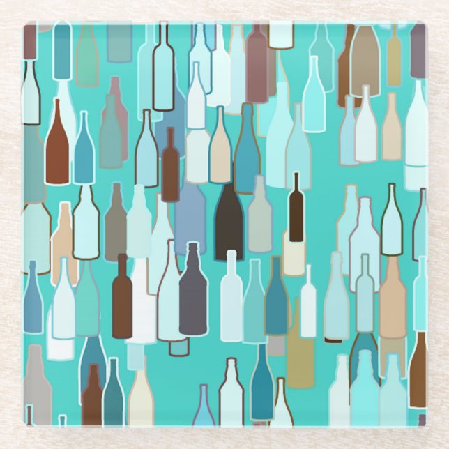 Wine bottles, multi colors, turquoise background glass coaster (Front)