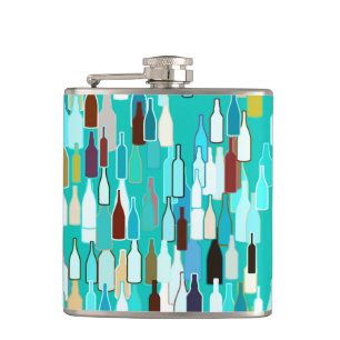 Wine bottles, multi colors, turquoise background hip flask