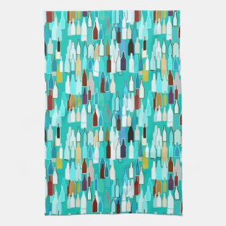 Wine bottles, multi colors, turquoise background kitchen towel