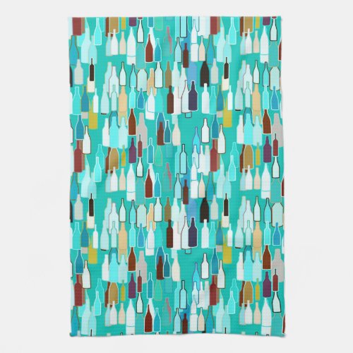 Wine bottles multi colors turquoise background kitchen towel