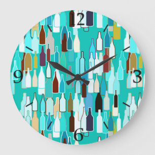 Wine bottles, multi colors, turquoise background large clock