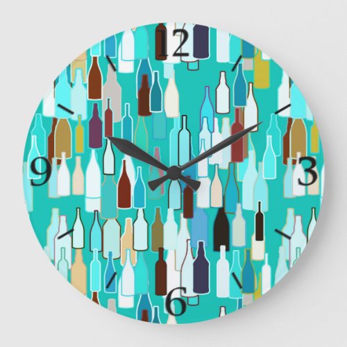 Wine bottles multi colors turquoise background large clock