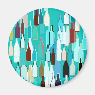 Wine bottles, multi colors, turquoise background magnet