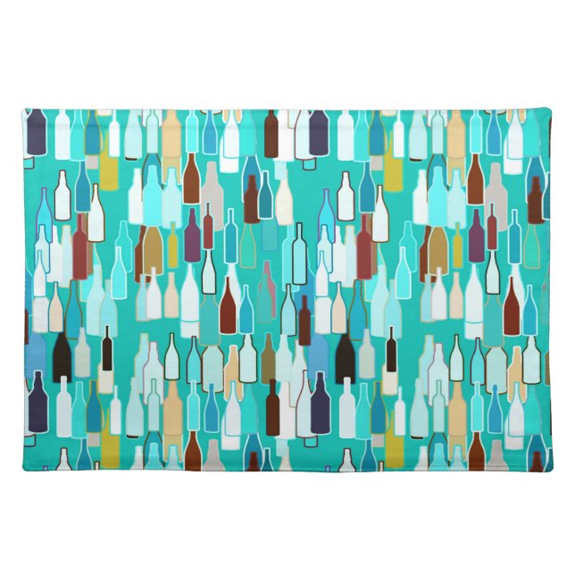 Wine bottles, multi colors, turquoise background placemat (Front)