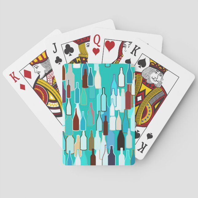 Wine bottles, multi colors, turquoise background poker cards (Back)