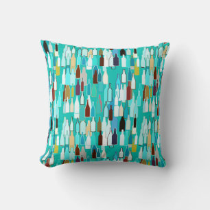 Wine bottles, multi colors, turquoise background throw pillow