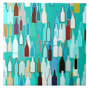 Wine bottles, multi colors, turquoise background tile