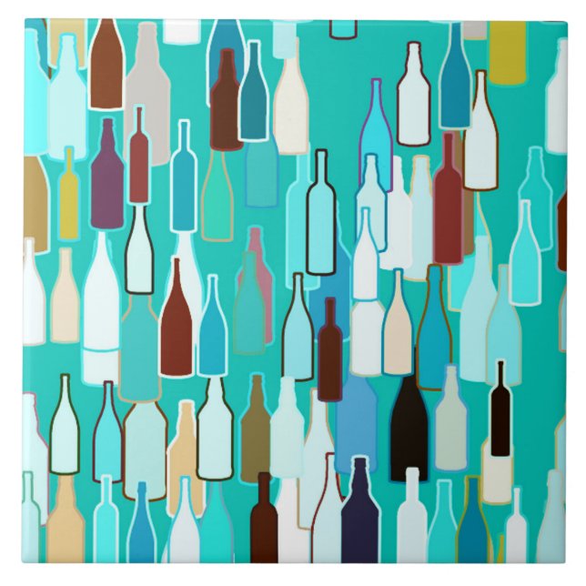 Wine bottles, multi colors, turquoise background tile (Front)
