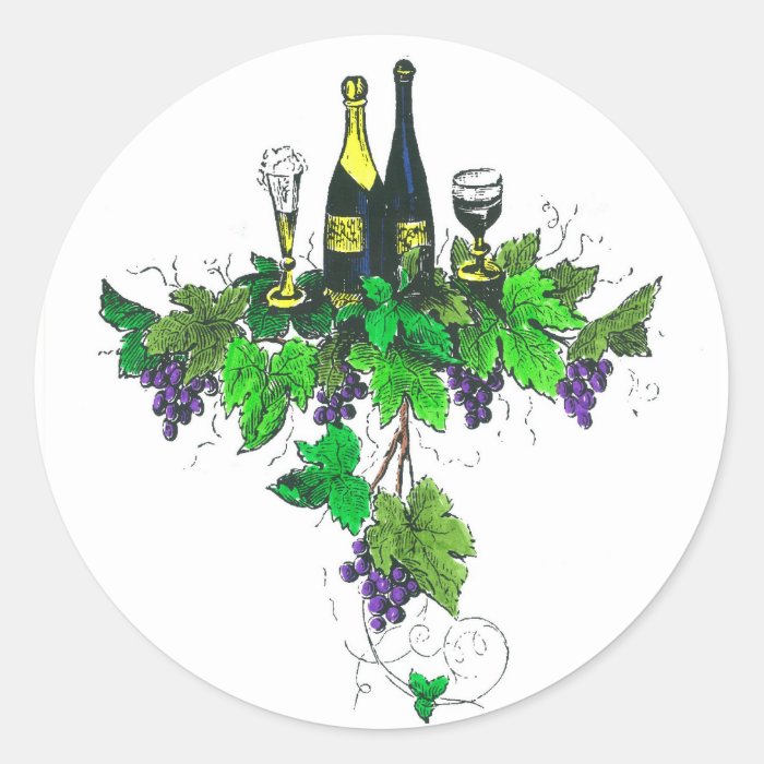 Wine bottles on grapes and leaves round sticker
