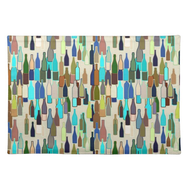 Wine bottles pattern, multi color, beige backgroun cloth placemat (Front)