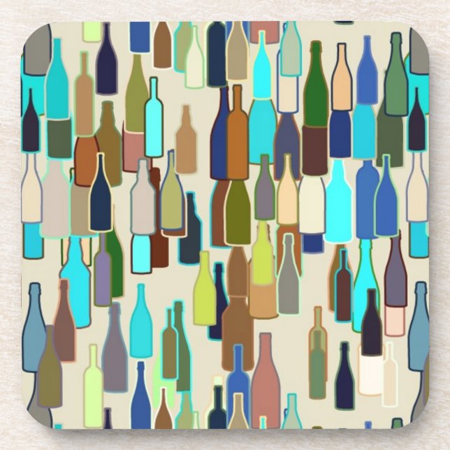 Wine bottles pattern, multi color, beige backgroun coaster (Front)