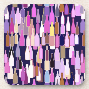 Wine bottles pattern, multi color, dark blue backg drink coaster