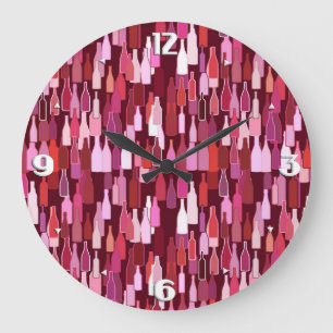 Wine bottles, shades of plum, burgundy background large clock