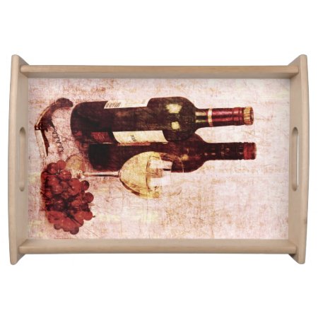 Wine Bottles Wine Glass And Grapes Serving Tray
