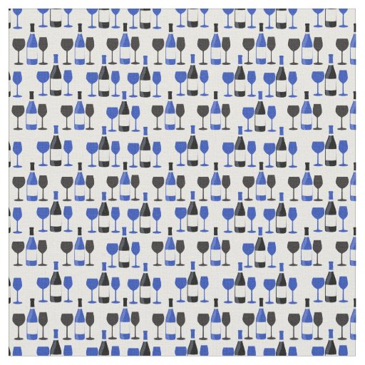 Wine Bottles with two wine glasses in blue pattern Fabric