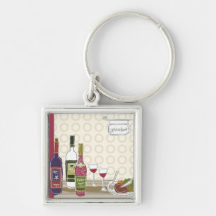 Wine bottles with wineglasses on table keychain