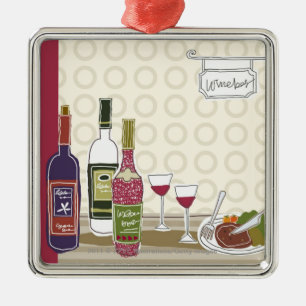 Wine bottles with wineglasses on table metal ornament