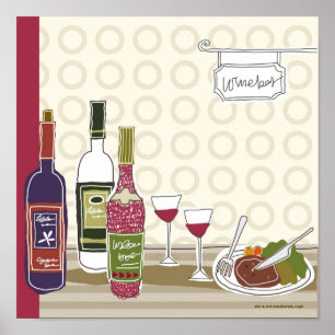 Wine bottles with wineglasses on table poster