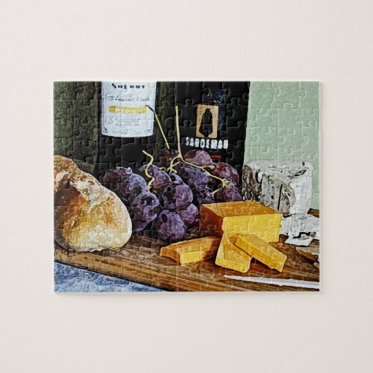 Wine Bread Cheese and Grapes Still Life Jigsaw Puzzle