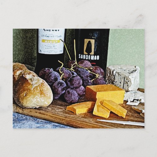 Wine Bread Cheese and Grapes Still Life Postcard
