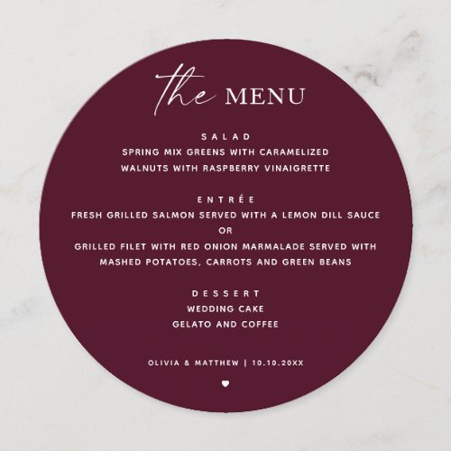 Wine burgundy fall minimalist wedding circle menu