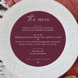 Wine Burgundy Fall Wedding. Minimalist Plum Circle Menu<br><div class="desc">Set the tone for a warm, romantic celebration with this deep wine and burgundy round menu card. The minimalist plum design creates a refined yet cozy look - perfect for fall weddings and seasonal events. Its modern circular shape adds a contemporary edge, while the elegant color palette complements rustic, boho,...</div>