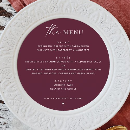 Wine Burgundy Fall Wedding. Minimalist Plum Circle Menu