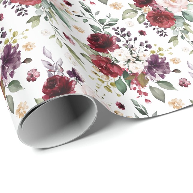 Wine Burgundy Floral Bouquet Pattern Wrapping Paper (Roll Corner)