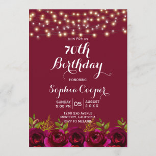 Wine Burgundy Floral String Lights 70th Birthday Invitation