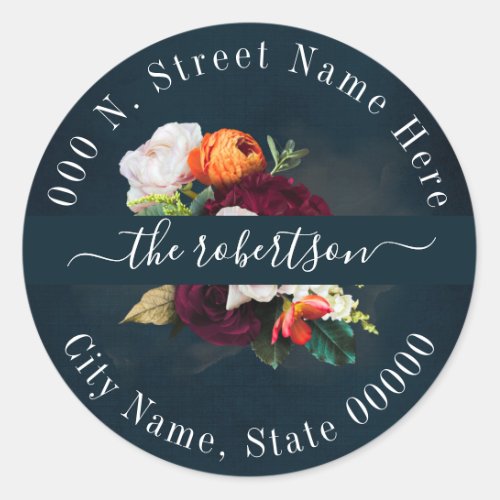 Wine Burgundy Flowers Navy Return Address Classic Round Sticker