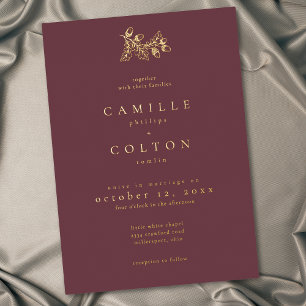 Wine Burgundy Minimalist Leaf Acorn Fall Wedding Foil Invitation