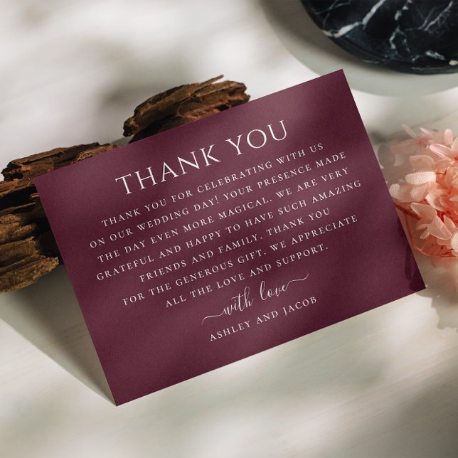 Wine Burgundy / Plum minimalist typography wedding Thank You Card (Creator Uploaded)