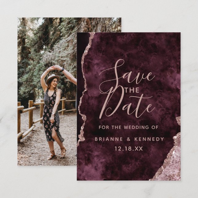 Wine Burgundy Rose Gold Agate Marble Photo on Back Save The Date (Front/Back)