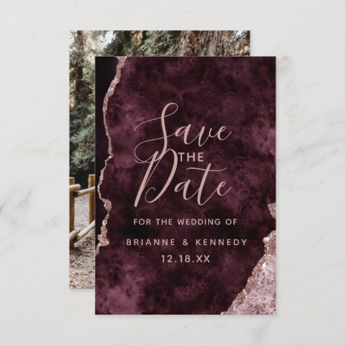 Wine Burgundy Rose Gold Agate Marble Photo on Back Save The Date