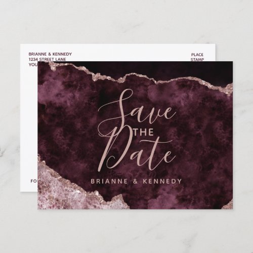 Wine Burgundy Rose Gold Agate Marble Save the Date Announcement Postcard