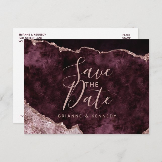 Wine Burgundy Rose Gold Agate Marble Save the Date Announcement Postcard (Front/Back)