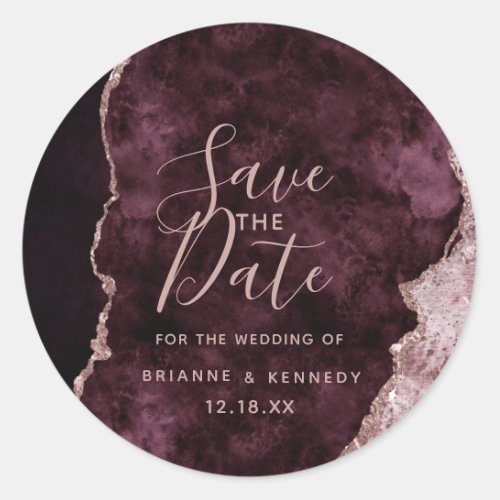 Wine Burgundy Rose Gold Agate Marble Save the Date Classic Round Sticker