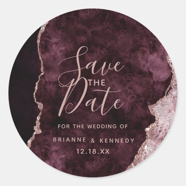 Wine Burgundy Rose Gold Agate Marble Save the Date Classic Round Sticker (Front)