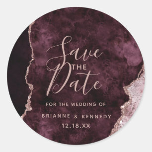 Wine Burgundy Rose Gold Agate Marble Save the Date Classic Round Sticker
