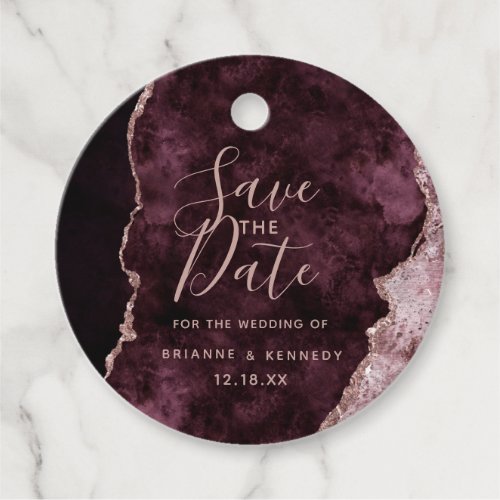 Wine Burgundy Rose Gold Agate Marble Save the Date Favor Tags