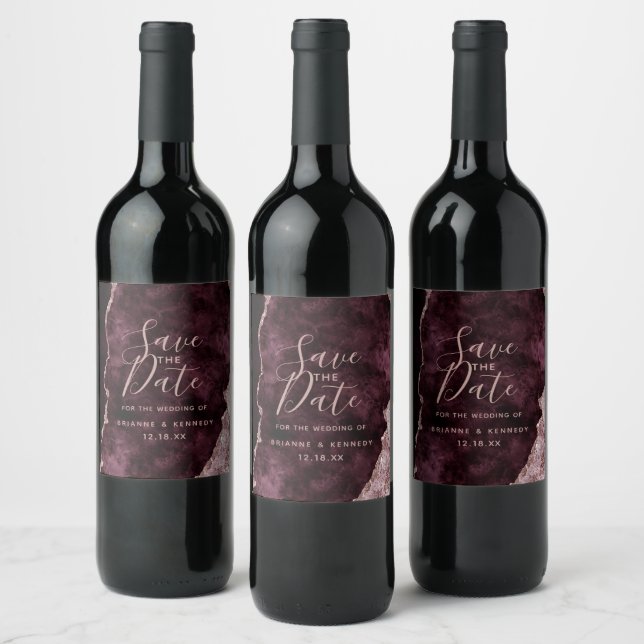 Wine Burgundy Rose Gold Agate Marble Save the Date Label (Bottles)