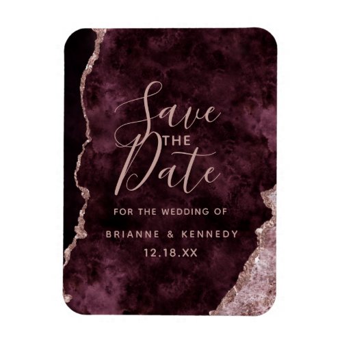 Wine Burgundy Rose Gold Agate Marble Save the Date Magnet