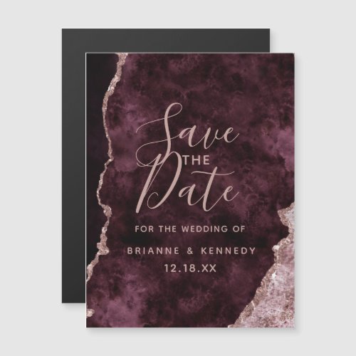 Wine Burgundy Rose Gold Agate Marble Save the Date Magnetic Invitation