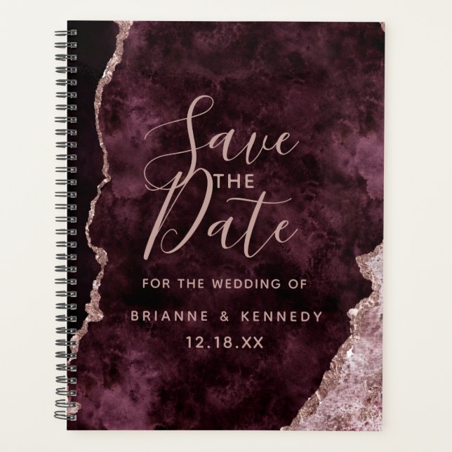 Wine Burgundy Rose Gold Agate Marble Save the Date Planner (Front)