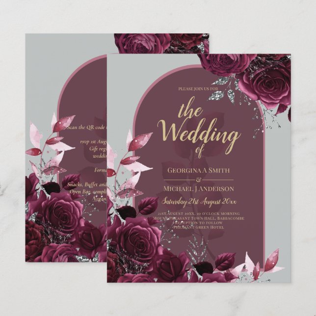 Wine Burgundy Roses Gold Text Wedding (Front/Back)