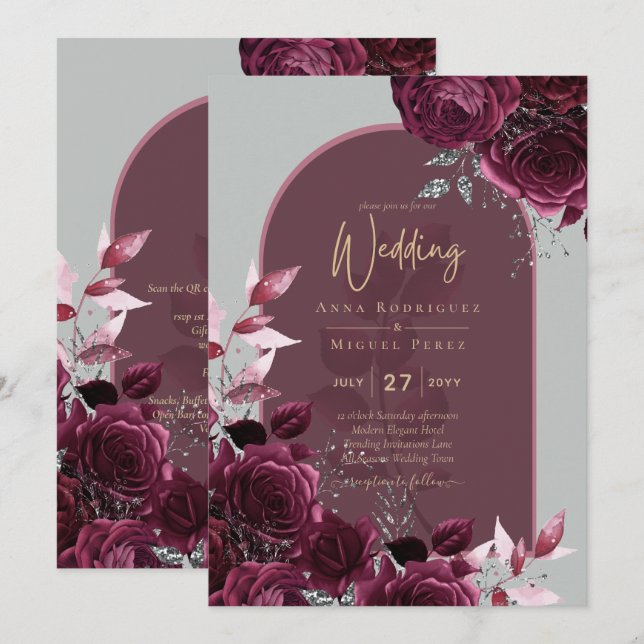 Wine Burgundy Roses Gold Text Wedding Invitation (Front/Back)