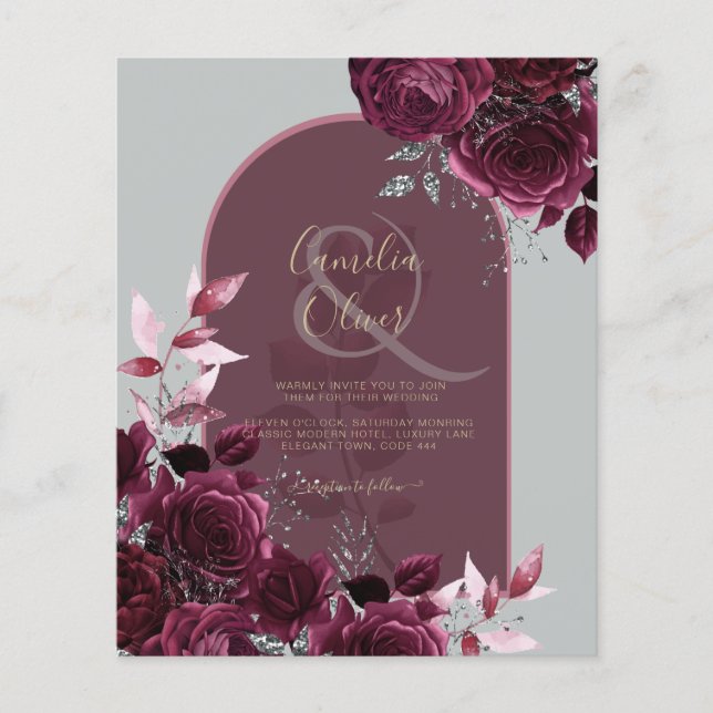 Wine Burgundy Roses Gold Text Wedding INVITE (Front)