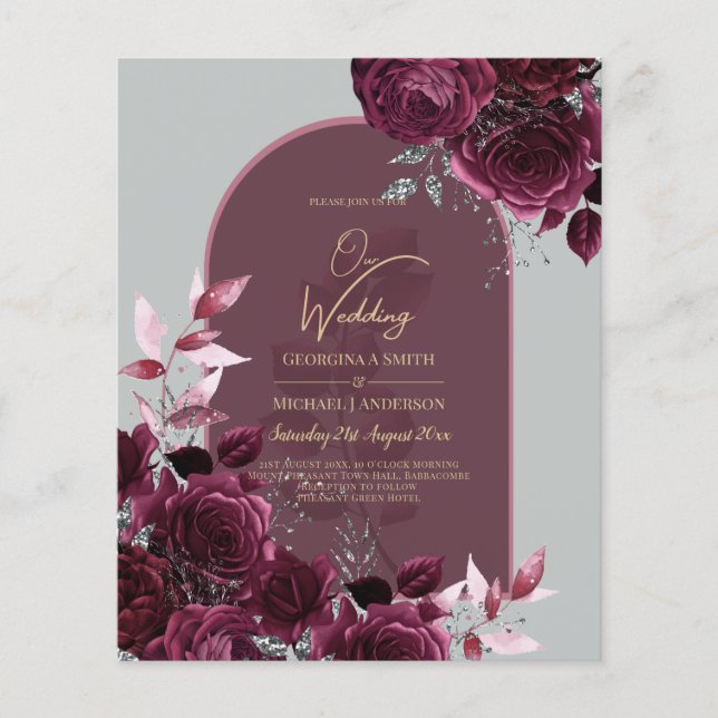 Wine Burgundy Roses Gold Text Wedding INVITE Flyer (Front)