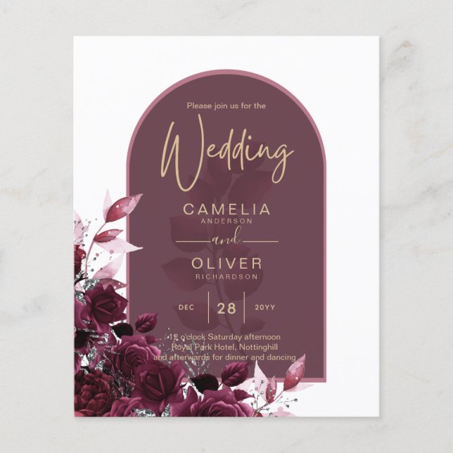 Wine Burgundy Roses Gold Text Wedding INVITE Flyer (Front)