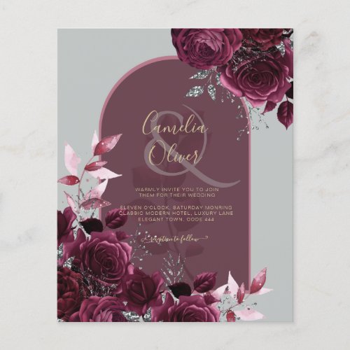 Wine Burgundy Roses Gold Text Wedding INVITE Flyer